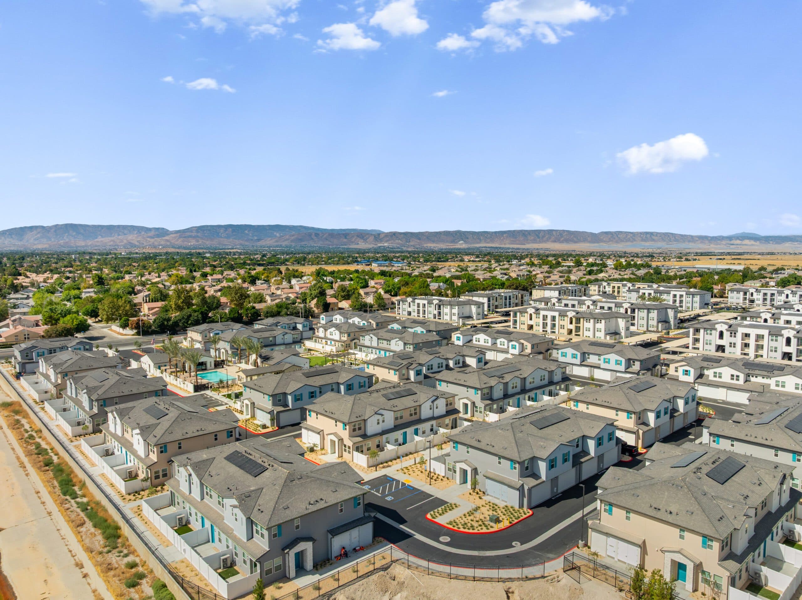 Aerial view of the completed Desert Meadows community in Lancaster, with the Antelope Valley behind it